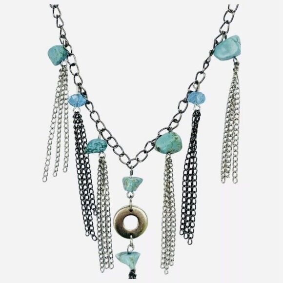 Jewelry - Vintage Faux Turquoise Blue Beaded Silver Fringe South Western Tassel Necklace